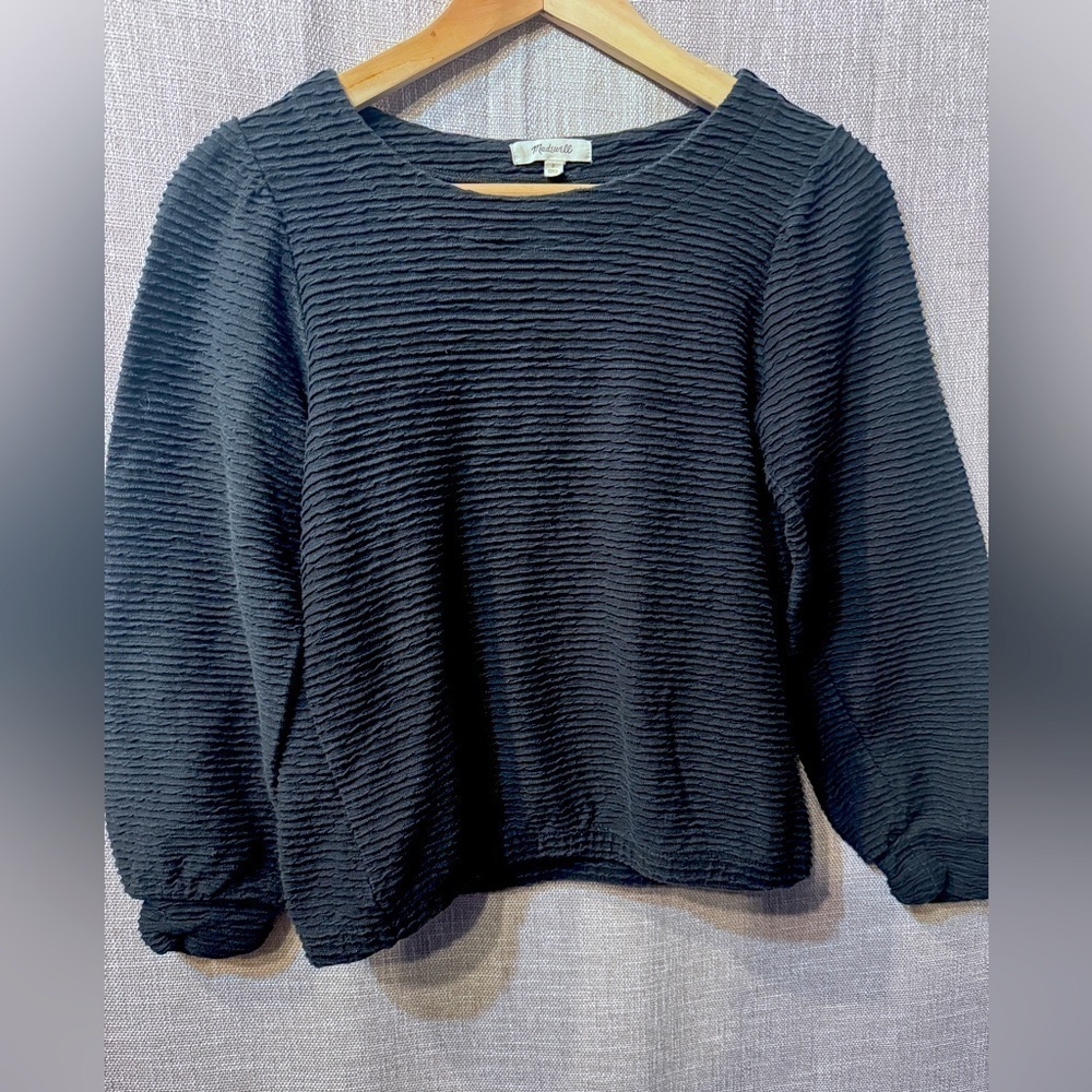 Madewell Ribbed Balloon Sleeve Top, Linen/cotton blend, black, size Small